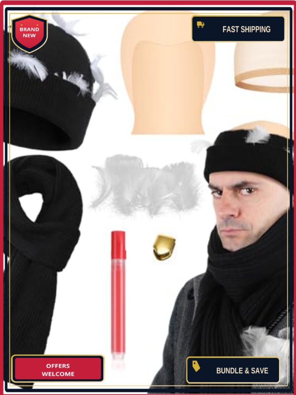 6 Pc Christmas Movie Character Costume Set Acrylic Beanie Scarf Fake Teeth